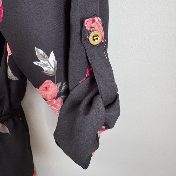 Stella Tweed 1/2 Zip Floral Long Sleeve Satin Peplum Blouse‎ Black Elastic Waist - Picture 7 of 16